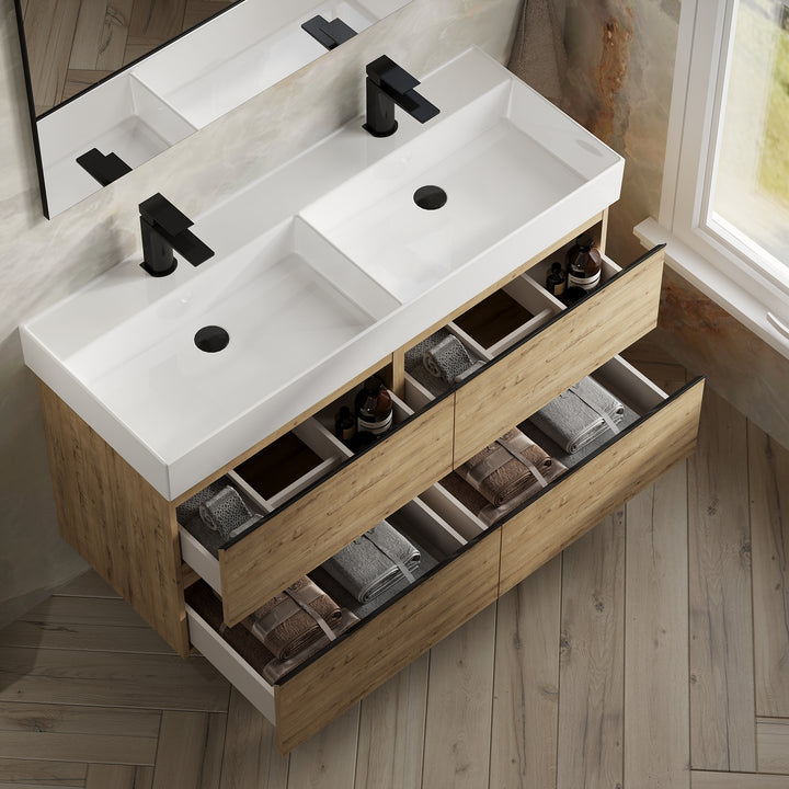 Vatilla 1200mm Wall Hung Vanity Unit with Matt Black Handles - Ostippo Oak