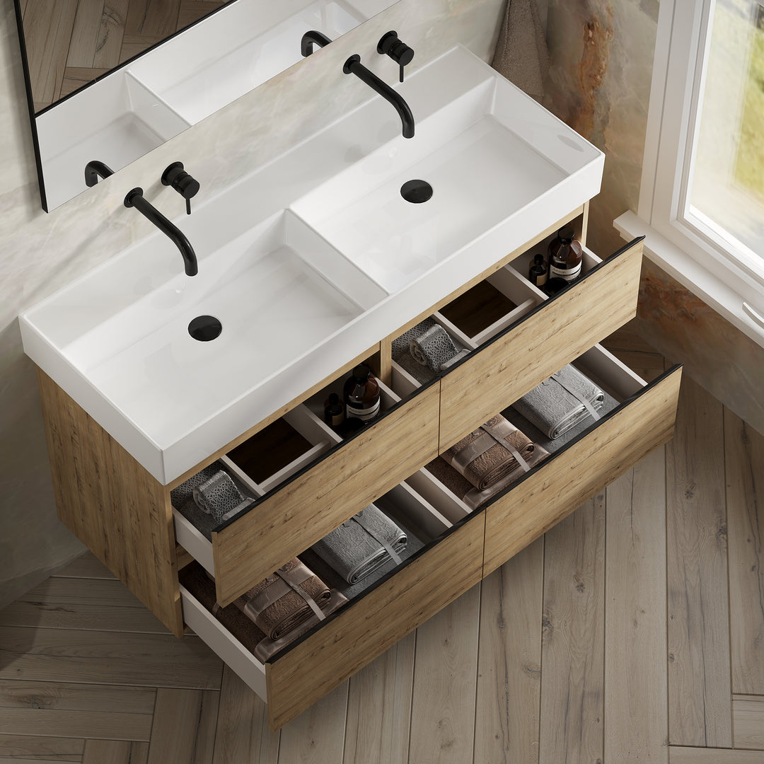 Vatilla 1200mm Wall Hung Vanity Unit with Matt Black Handles - Ostippo Oak