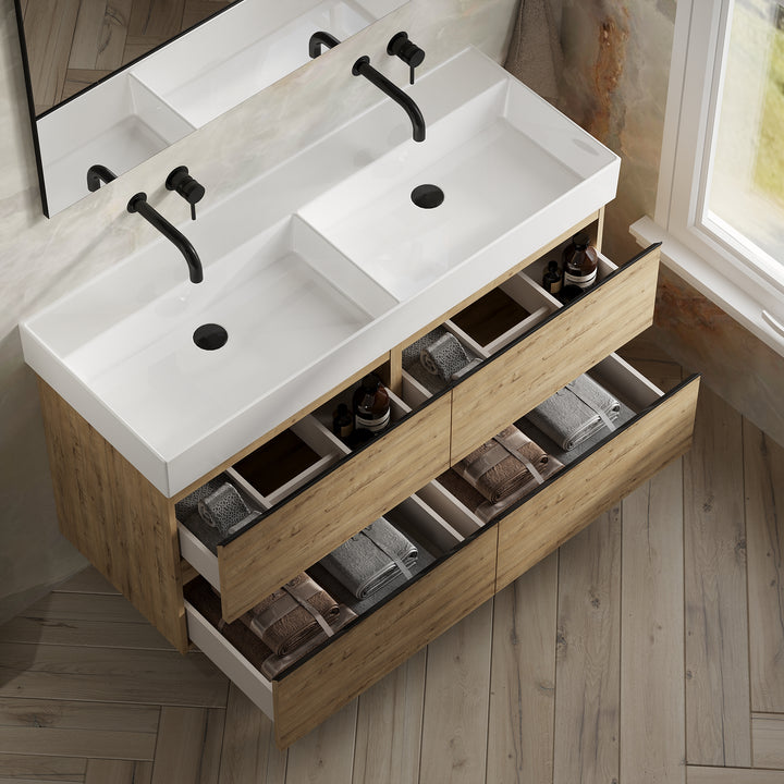 Vatilla 1200mm Wall Hung Vanity Unit with Matt Black Handles - Ostippo Oak