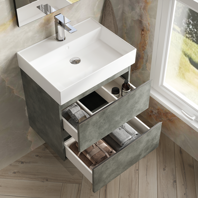 Vatilla 600mm Wall Hung Vanity Unit with Chrome Handles - Cemento