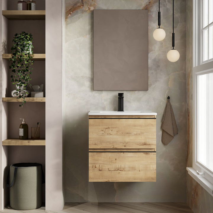 Vatilla 600mm Wall Hung Vanity Unit with Matt Black Handles - Ostippo Oak