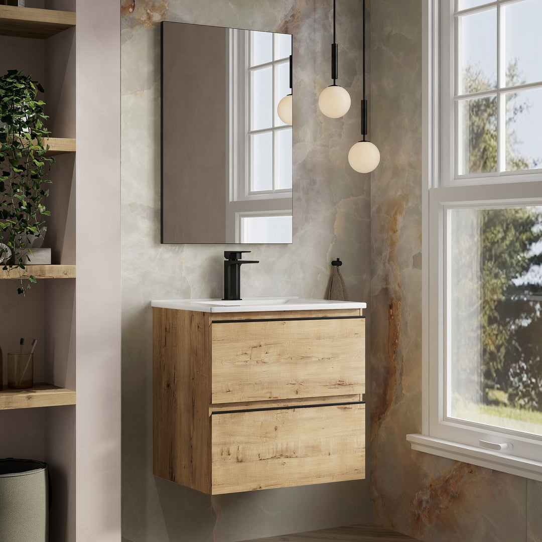 Vatilla 600mm Wall Hung Vanity Unit with Matt Black Handles - Ostippo Oak