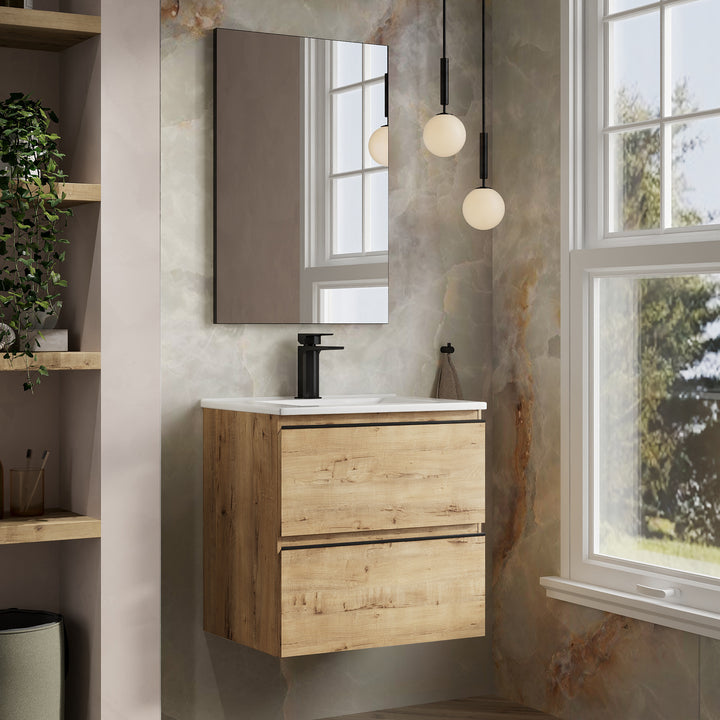 Vatilla 600mm Wall Hung Vanity Unit with Matt Black Handles - Ostippo Oak