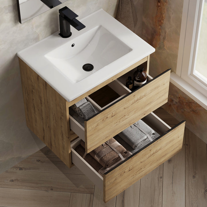 Vatilla 600mm Wall Hung Vanity Unit with Matt Black Handles - Ostippo Oak