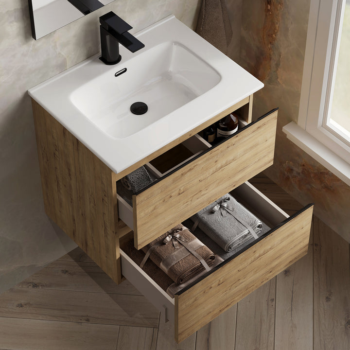 Vatilla 600mm Wall Hung Vanity Unit with Matt Black Handles - Ostippo Oak
