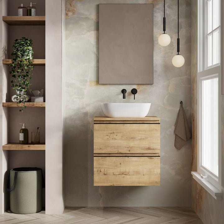 Vatilla 600mm Wall Hung Vanity Unit with Matt Black Handles - Ostippo Oak
