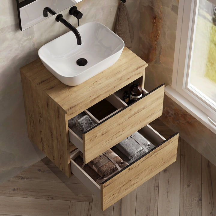 Vatilla 600mm Wall Hung Vanity Unit with Matt Black Handles - Ostippo Oak