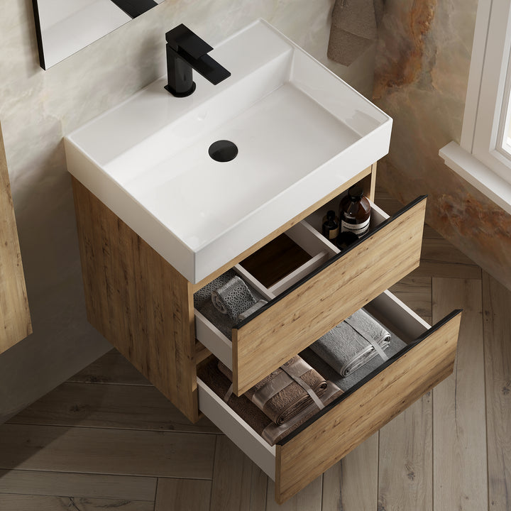 Vatilla 600mm Wall Hung Vanity Unit with Matt Black Handles - Ostippo Oak