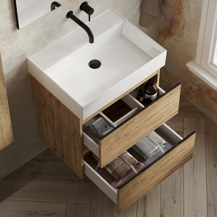 Vatilla 600mm Wall Hung Vanity Unit with Matt Black Handles - Ostippo Oak