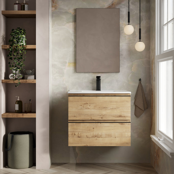 Vatilla 700mm Wall Hung Vanity Unit with Matt Black Handles - Ostippo Oak