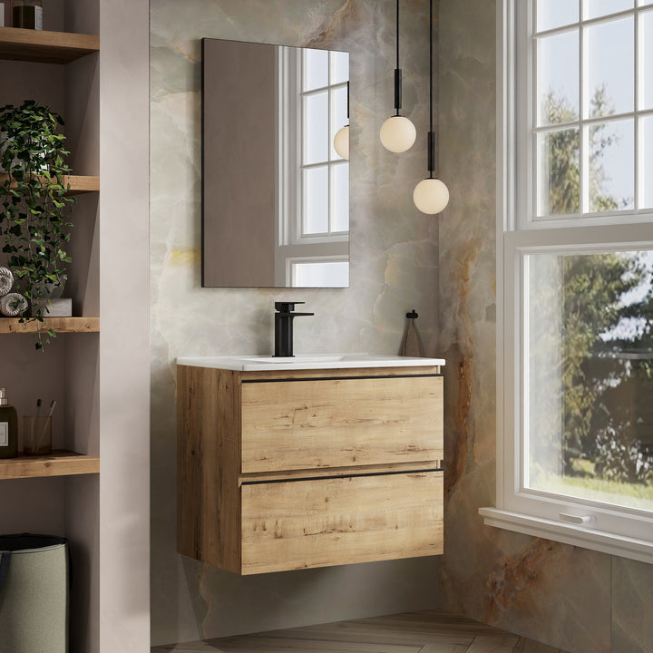 Vatilla 700mm Wall Hung Vanity Unit with Matt Black Handles - Ostippo Oak