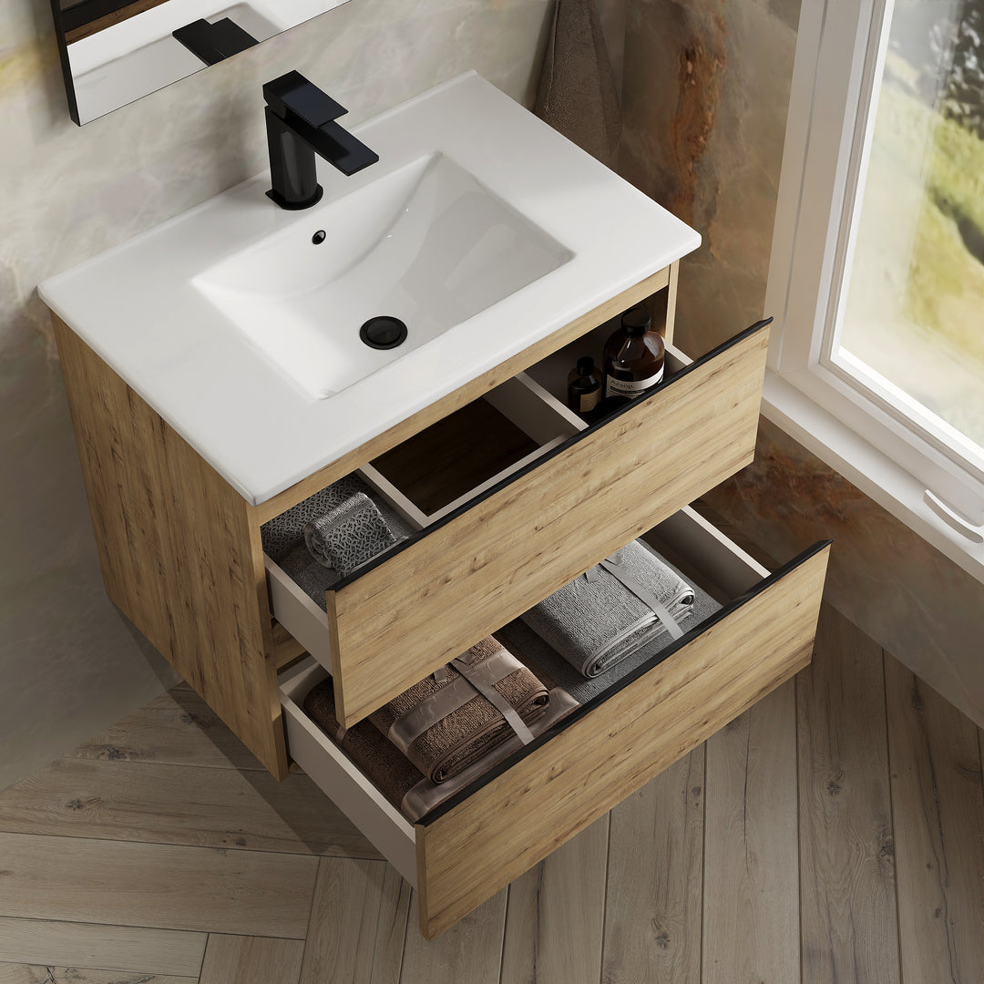 Vatilla 700mm Wall Hung Vanity Unit with Matt Black Handles - Ostippo Oak