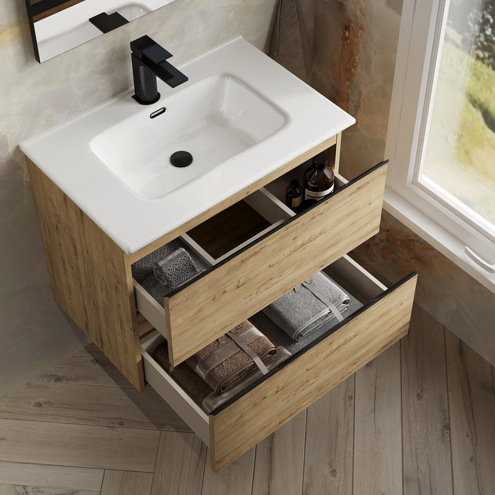 Vatilla 700mm Wall Hung Vanity Unit with Matt Black Handles - Ostippo Oak