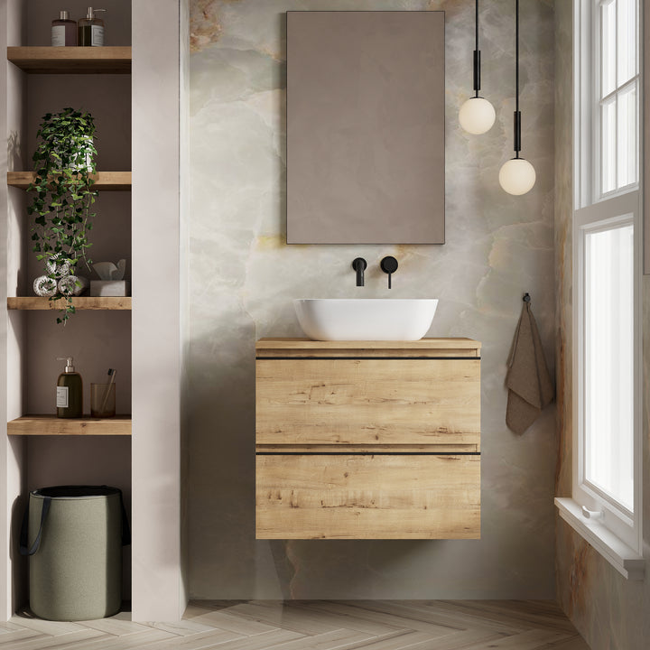 Vatilla 700mm Wall Hung Vanity Unit with Matt Black Handles - Ostippo Oak