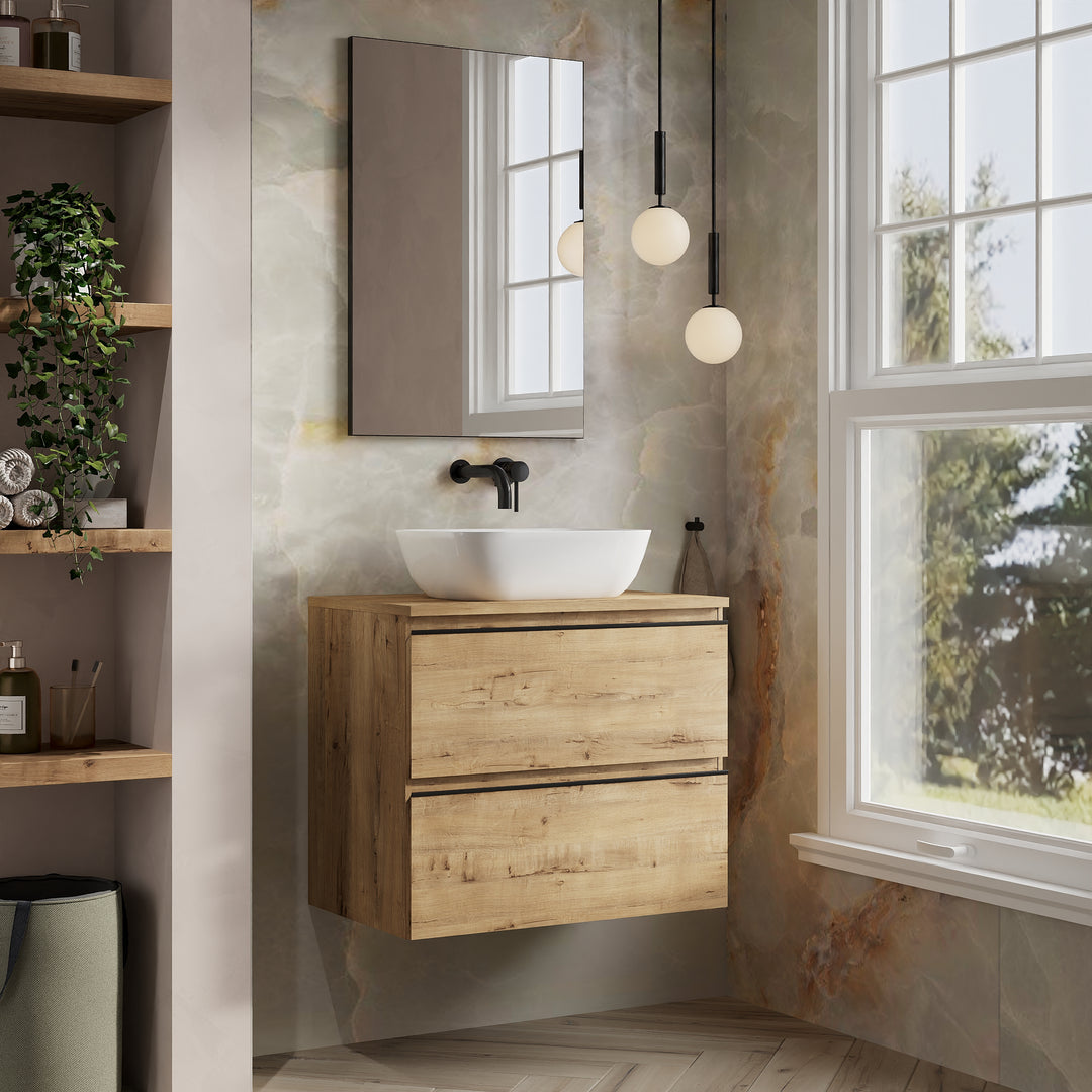 Vatilla 700mm Wall Hung Vanity Unit with Matt Black Handles - Ostippo Oak