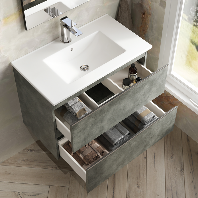 Vatilla 800mm Wall Hung Vanity Unit with Black Handles - Cemento