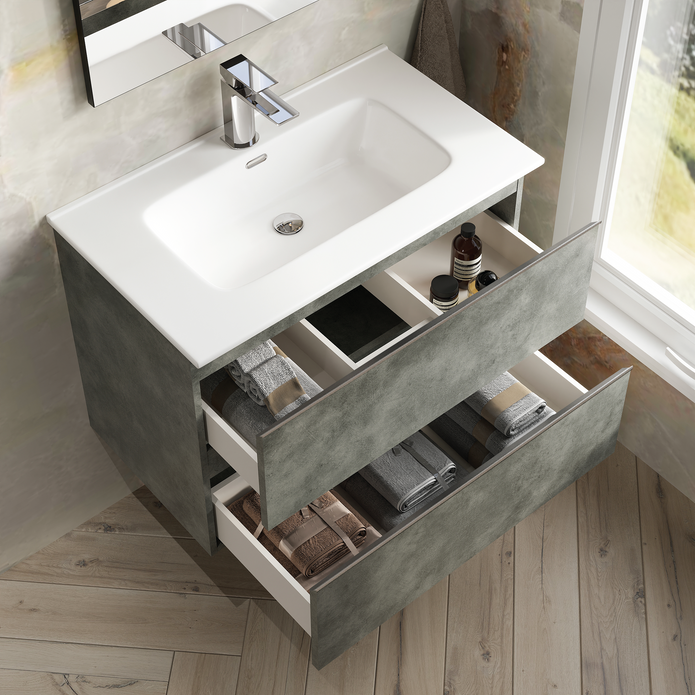 Vatilla 800mm Wall Hung Vanity Unit with Black Handles - Cemento