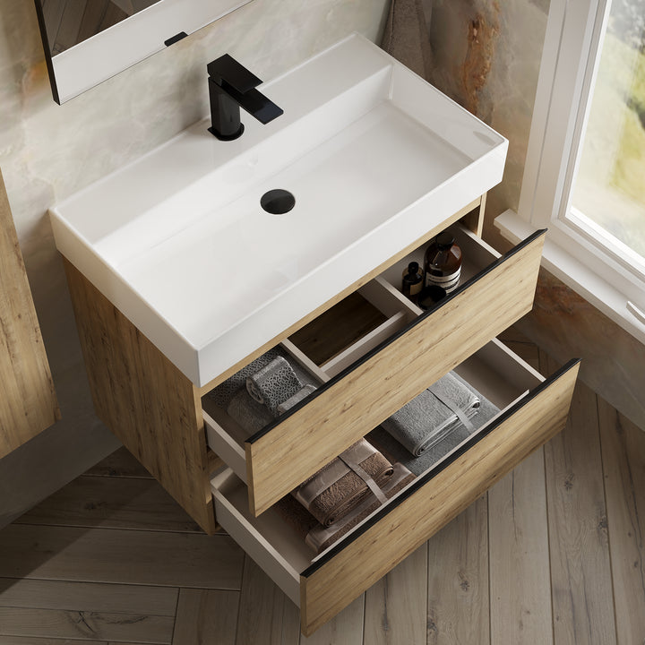 Vatilla 800mm Wall Hung Vanity Unit with Matt Black Handles - Ostippo Oak
