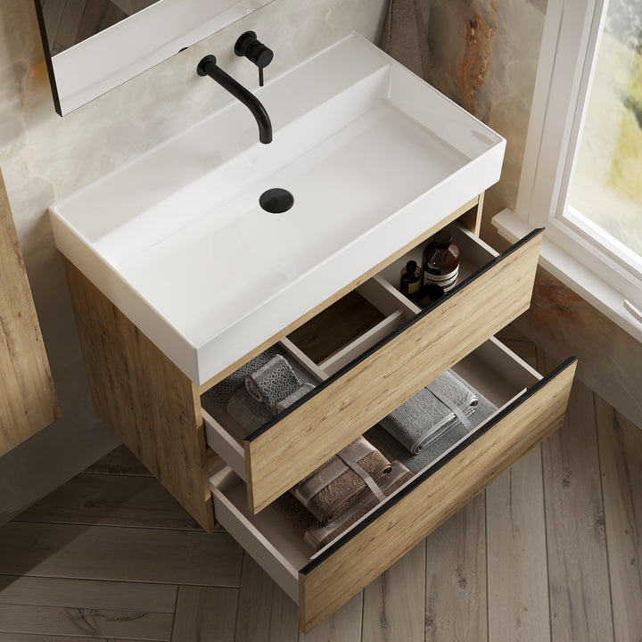 Vatilla 800mm Wall Hung Vanity Unit with Matt Black Handles - Ostippo Oak