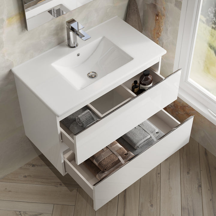 Vatilla 800mm Wall Hung Vanity Unit with Chrome Handles - Gloss White