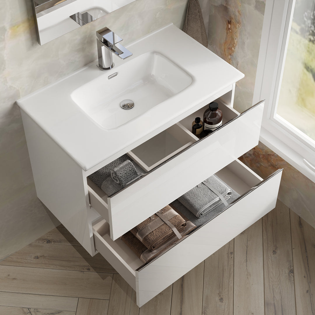 Vatilla 800mm Wall Hung Vanity Unit with Chrome Handles - Gloss White