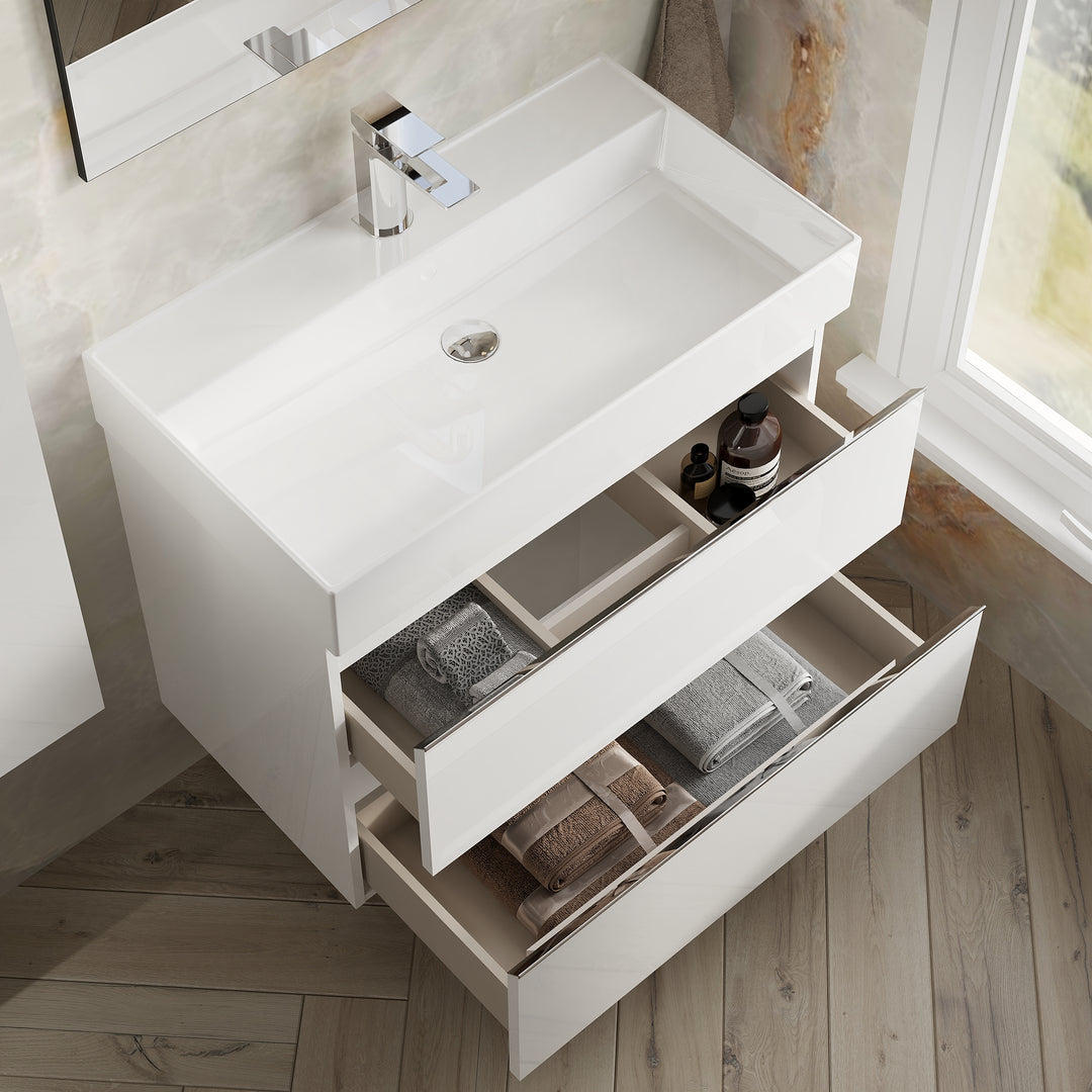 Vatilla 800mm Wall Hung Vanity Unit with Chrome Handles - Gloss White