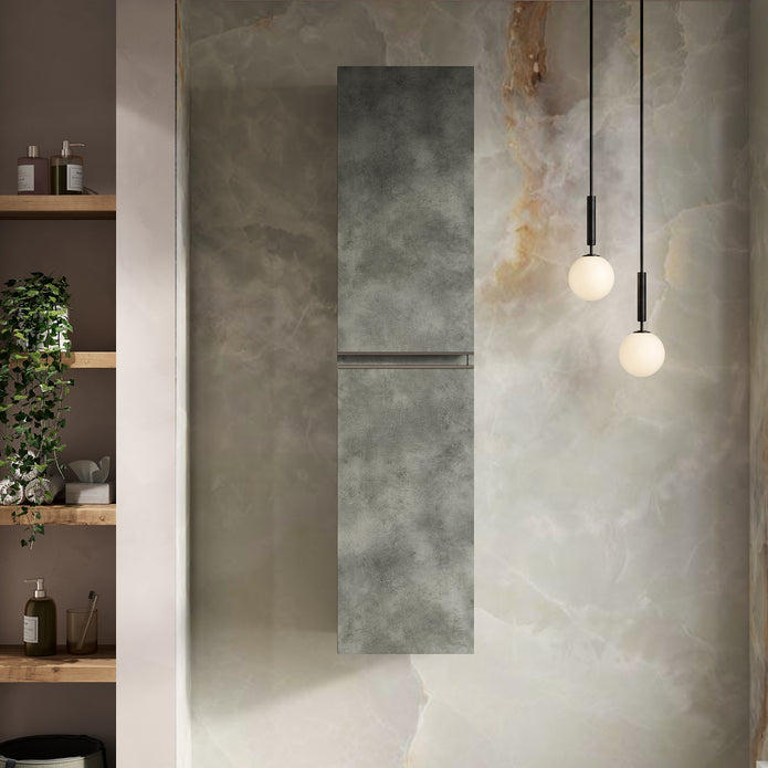 Wall-hung Cemento grey tall bathroom cabinet with sleek chrome handles