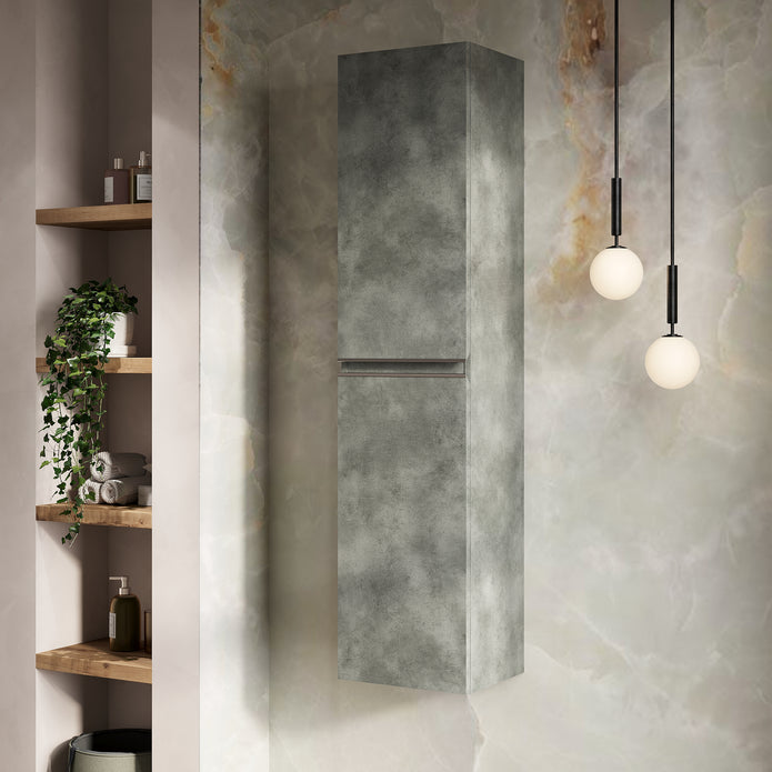1500 mm wall-hung tall bathroom cabinet in Cemento Grey featuring chrome handles