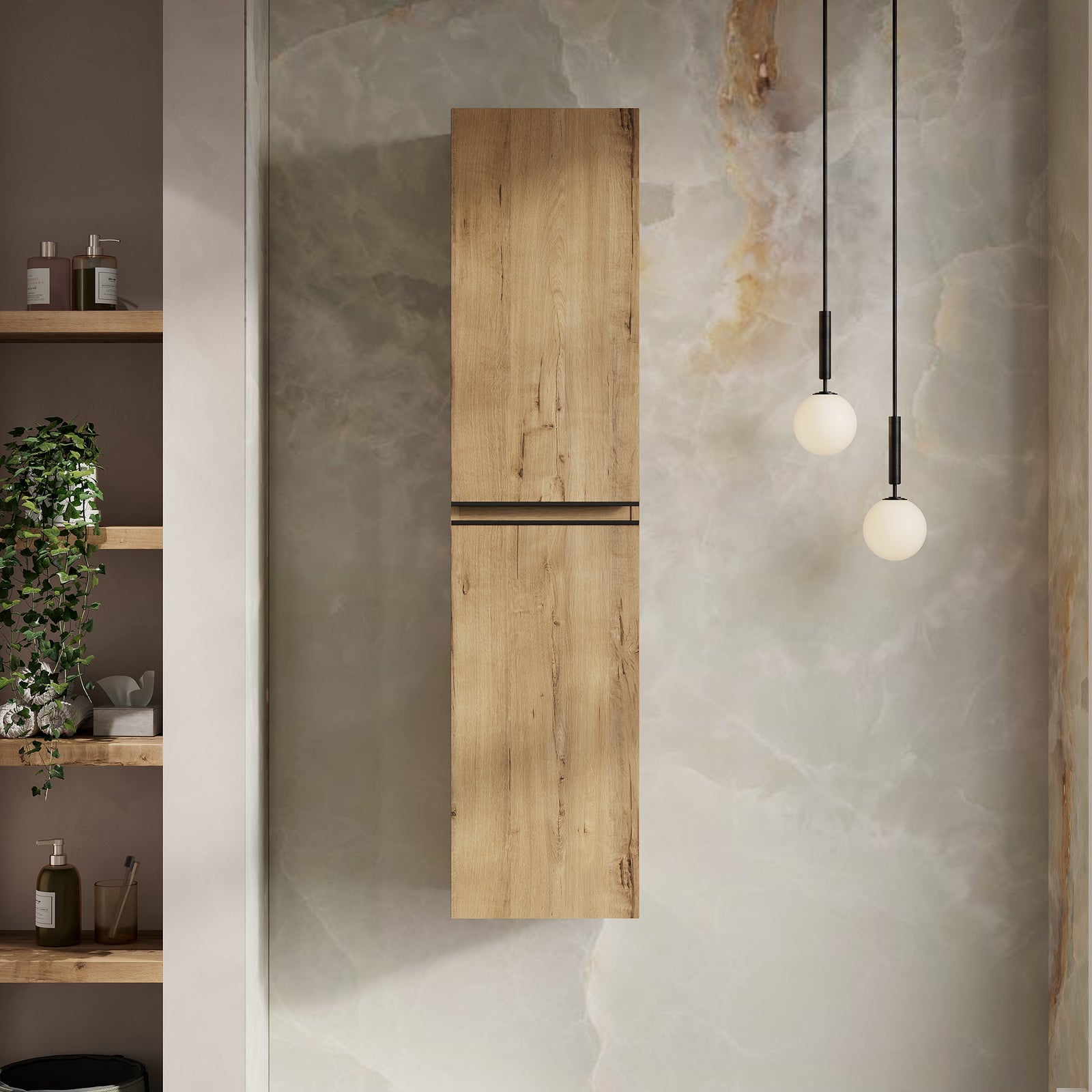 Wall-hung Ostippo Oak tall bathroom cabinet with matt black handles, sleek minimalist design