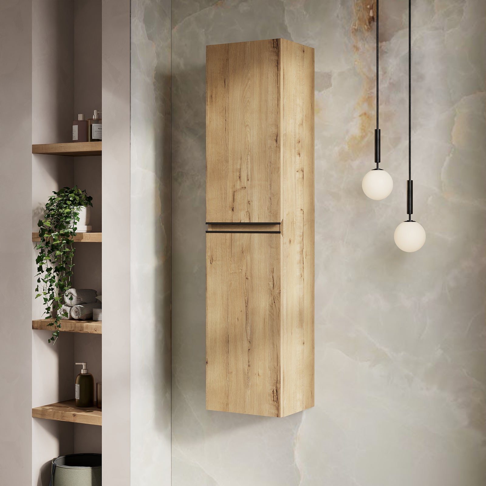 1500 mm tall bathroom cabinet in Ostippo Oak, wall-hung with matt black handles for modern storage