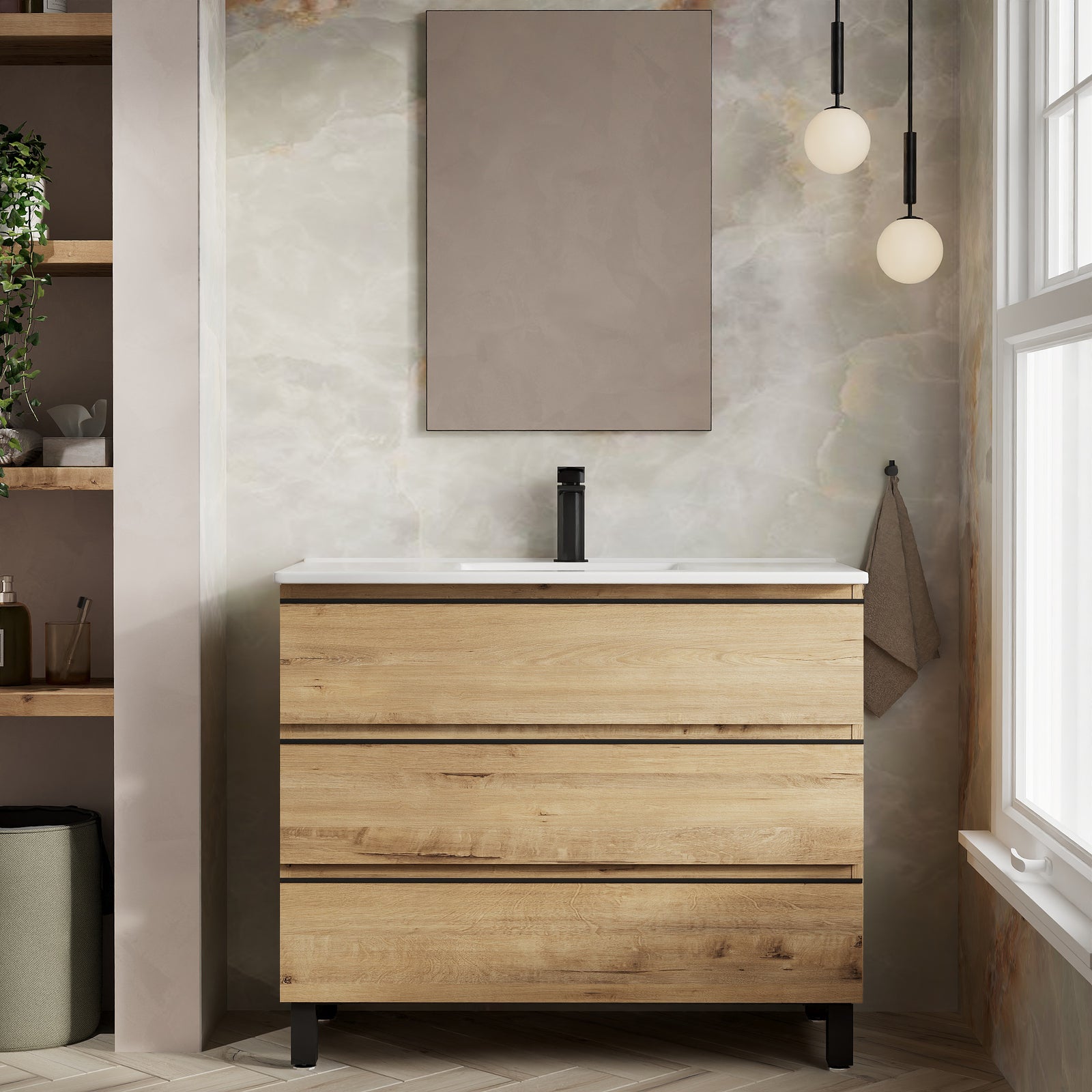 Vatilla 1000 mm floorstanding vanity unit in Ostippo Oak with matt black handles, two full-width drawers, and slimline ceramic basin