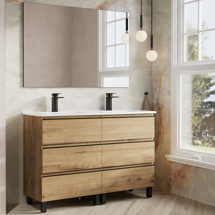 Vatilla 1200mm Floorstanding Vanity Unit with Matt Black Handles - Ostippo Oak