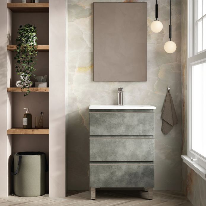 Vatilla 600mm Floorstanding Vanity Unit with Chrome Handles - Cemento
