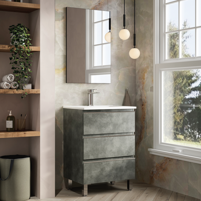Vatilla 600mm Floorstanding Vanity Unit with Chrome Handles - Cemento