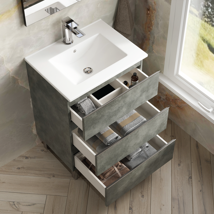 Vatilla 600mm Floorstanding Vanity Unit with Chrome Handles - Cemento