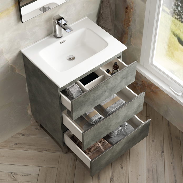 Vatilla 600mm Floorstanding Vanity Unit with Chrome Handles - Cemento