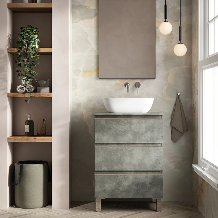 Vatilla 600mm Floorstanding Vanity Unit with Chrome Handles - Cemento
