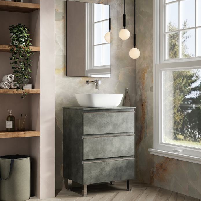 Vatilla 600mm Floorstanding Vanity Unit with Chrome Handles - Cemento