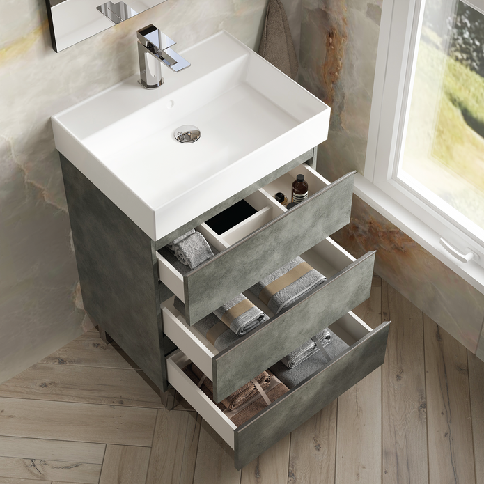 Vatilla 600mm Floorstanding Vanity Unit with Chrome Handles - Cemento