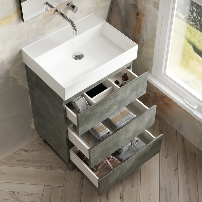 Vatilla 600mm Floorstanding Vanity Unit with Chrome Handles - Cemento