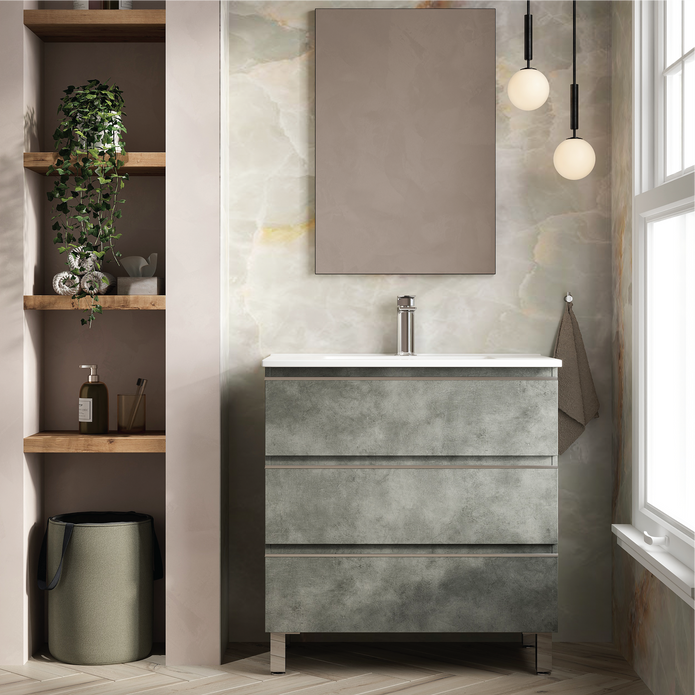 Vatilla 800mm Floorstanding Vanity Unit with Chrome Handles - Cemento