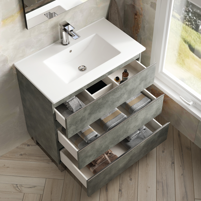 Vatilla 800mm Floorstanding Vanity Unit with Chrome Handles - Cemento