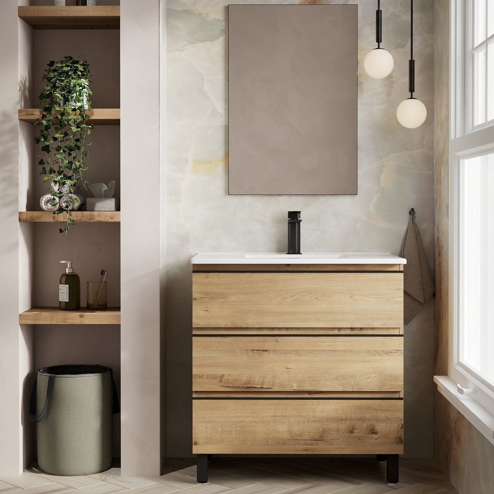 Front view of Vatilla 800mm floorstanding vanity unit in Ostippo Oak with matt black handles, designed for No Tap Hole Basins
