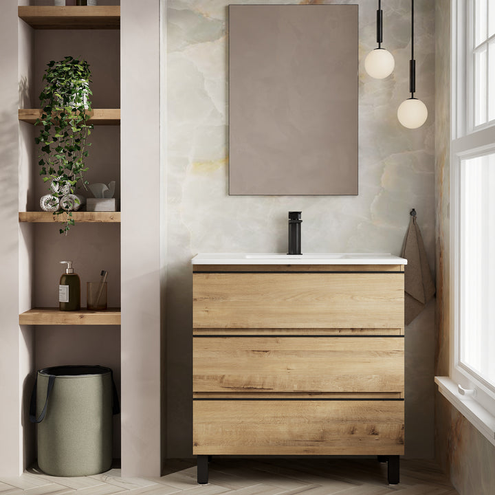 Vatilla 800mm Floorstanding Vanity Unit with Matt Black Handles - Ostippo Oak