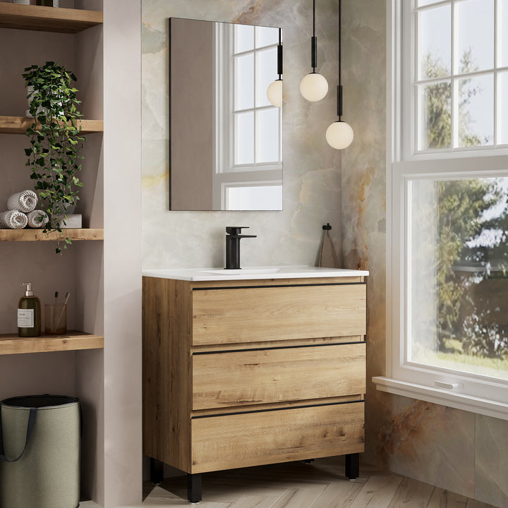 Vatilla 800mm Floorstanding Vanity Unit with Matt Black Handles - Ostippo Oak