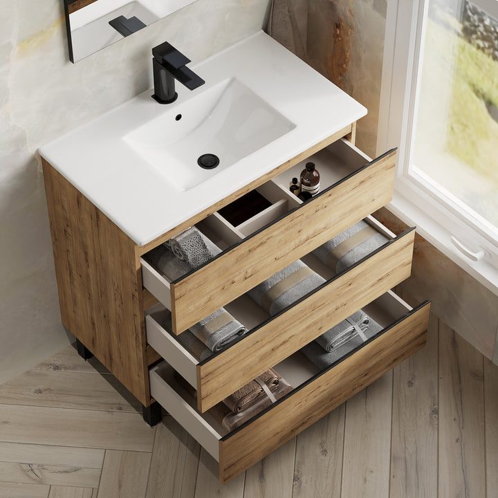 Vatilla 800mm Floorstanding Vanity Unit with Matt Black Handles - Ostippo Oak