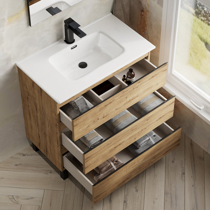 Vatilla 800mm Floorstanding Vanity Unit with Matt Black Handles - Ostippo Oak