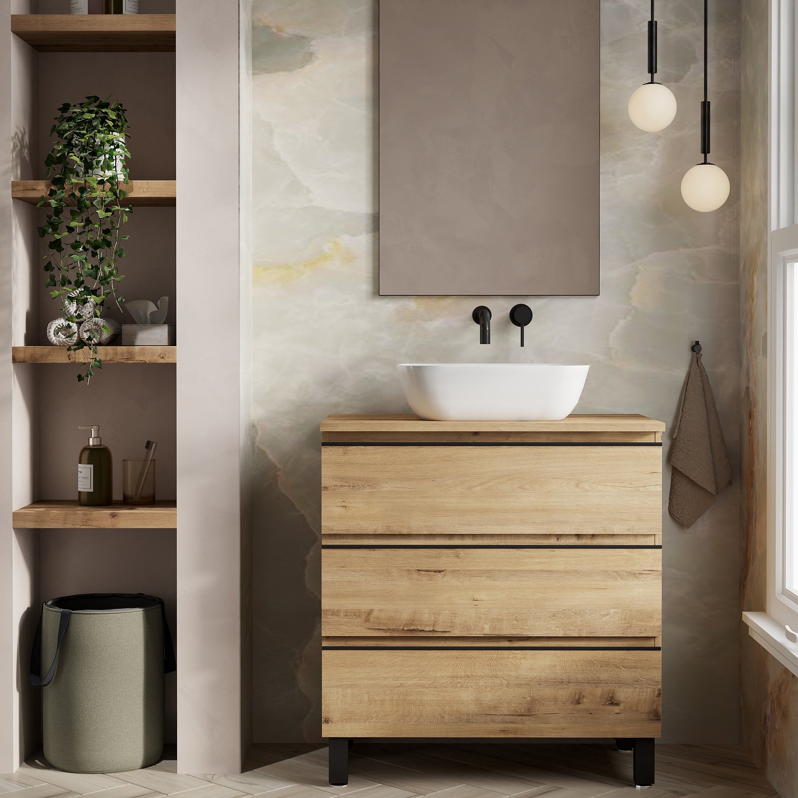 Close-up of matt black bar handles on Ostippo Oak vanity unit – modern styling for No Tap Hole Basins