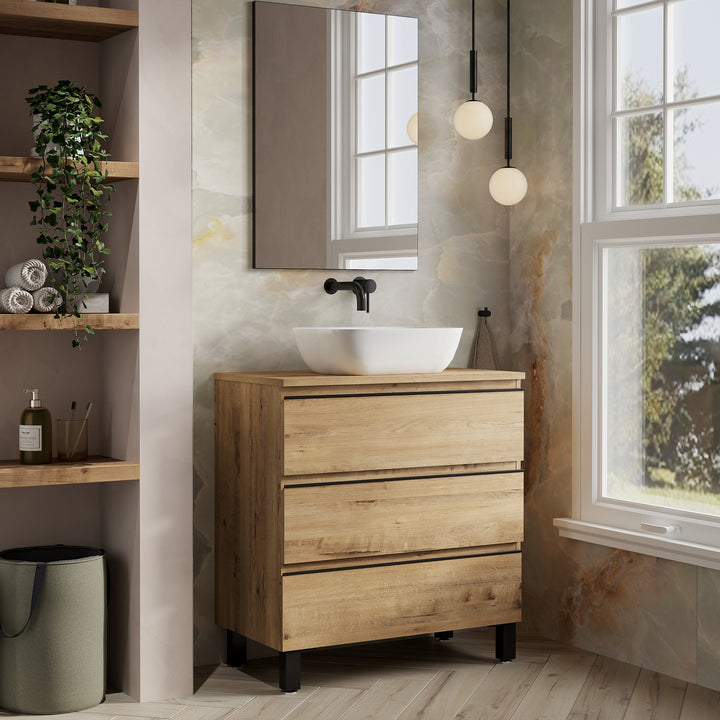 Vatilla 800mm Floorstanding Vanity Unit with Matt Black Handles - Ostippo Oak