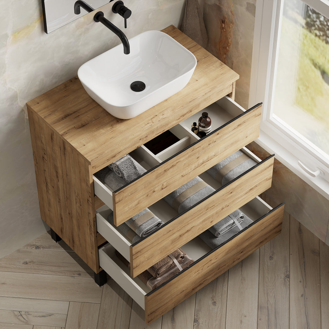 Vatilla 800mm Floorstanding Vanity Unit with Matt Black Handles - Ostippo Oak